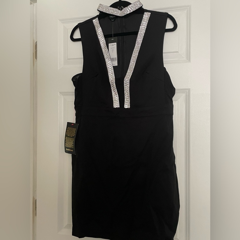 NWT Bebe knit v neck mesh embellished little black dress size XL